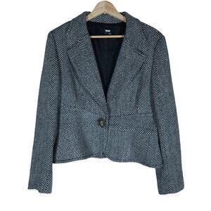 ECI New York Womens Blazer 14 Black White Herringbone Tweed Jacket Chic Workwear